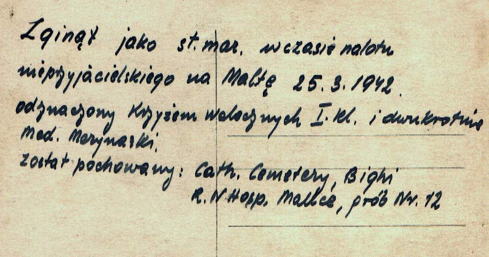 Tył karty pocztowej z odręcznie napisana informacją o śmierci i miejscu pochowania st. mar. Józefa Paszka